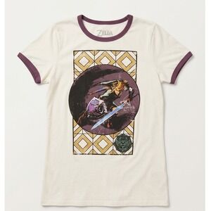 Nintendo The Legend of Zelda Link Ringer Graphic T Shirt Cream Purple Sz L Tee
